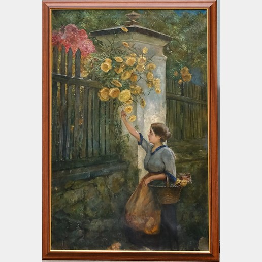 Signováno nečitelně - Dívka s košíkem květin
