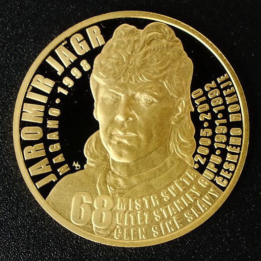 Zlatá mince - Zlatá čtvrtuncová mince Legendy čs. hokeje - Jaromír Jágr proof, zlato 999,9/1000, hrubá hmotnost 7,78g