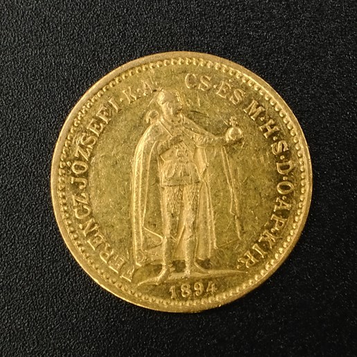 Mince - Rakousko Uhersko zlatá 10 Koruna 1894 K.B. uherská, zlato 900/1000, hrubá hmotnost mince 3,387g