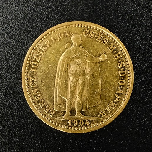Mince - Rakousko Uhersko zlatá 10 Koruna 1904 K.B. uherská, zlato 900/1000, hrubá hmotnost mince 3,387g