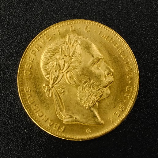 Mince - Rakousko Uhersko zlatý 8 zlatník/20frank 1892 rakouský pokračující ražba, zlato 900/1000, hrubá hmotnost mince 6,452g