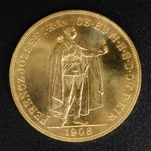 Mince - Rakousko Uhersko zlatá 100 Koruna  1908 K.B. pokračující ražba z červeného zlata, zlato 900/1000, hrubá hmotnost mince 33,875g