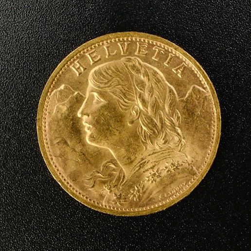 Mince - Švýcarsko zlatý 20 frank VRENELI 1935 LB, zlato 900/1000, hrubá hmotnost 6,5g