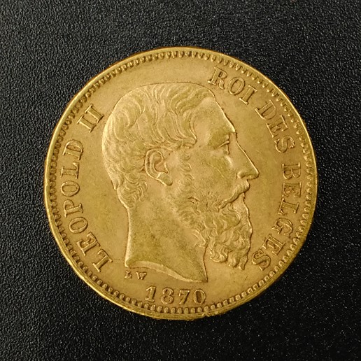 Mince - Belgie zlatý 20 frank Leopold II. 1870, zlato 900/1000, hrubá hmotnost 6,45g