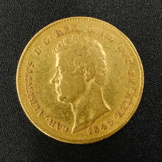 Mince - Zlatá 20 Lira Italie 1849 P král Karel Albert, zlato 900/1000, hmotnost hrubá 6,45g
