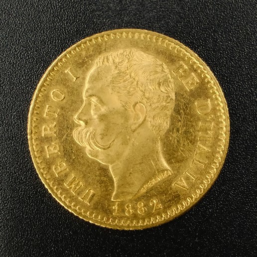Mince - Zlatá 20 Lira Italie  1882 R  král Umberto I., zlato 900/1000, hmotnost hrubá 6,45g