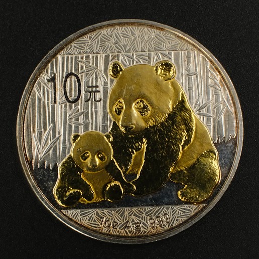 Mince - Pozlacené stříbrné 1 Uncová mince Čína Panda 2012, stříbro 999,9/1000, hrubá hmotnost 30g 