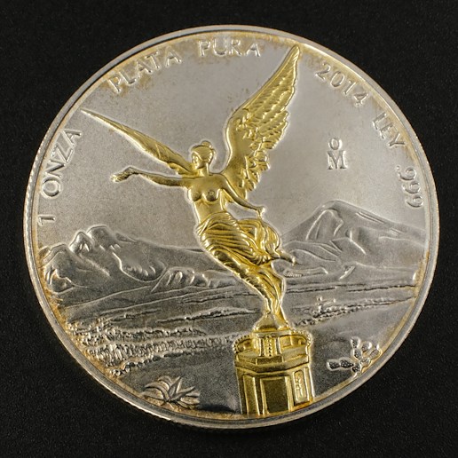 Mince - Pozlacená stříbrná  1 Uncová mince Mexico 2014, stříbro 999,9/1000, hmotnost hrubá 31,1g