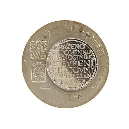 Medaile - Stříbrná medaile na slavnostní otevření mincovny v Jablonci n. Nisou 1.7.1993. Stříbro 0.999, 44.66 g, 40 mm 