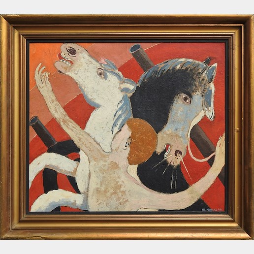 Josef Hlinomaz - Oboustranný obraz - Cvičení koní a Dívky v lese