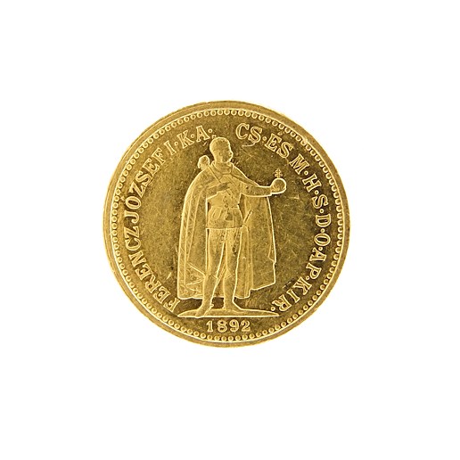 Mince - Rakousko Uhersko zlatá 10 Koruna 1892 K.B. uherská. Zlato 900/1000, hrubá hmotnost mince 3,387g