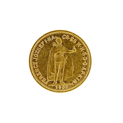 Mince - Rakousko Uhersko zlatá 10 Koruna 1905 K.B. uherská. Zlato 900/1000, hrubá hmotnost mince 3,387g