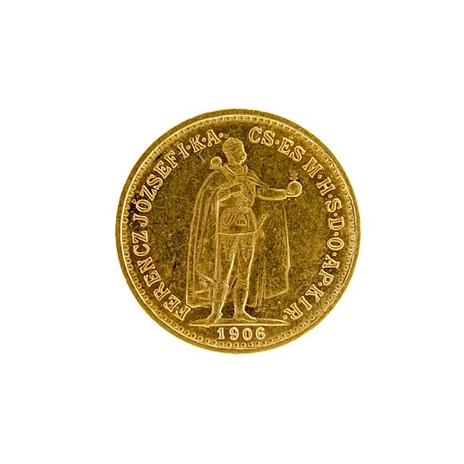 Mince - Rakousko Uhersko zlatá 10 Koruna 1906 K.B. uherská. Zlato 900/1000, hrubá hmotnost mince 3,387g