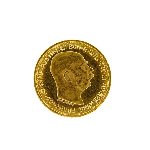 Mince - Rakousko Uhersko zlatá 10 Koruna 1910 rakouská. Zlato 900/1000, hrubá hmotnost mince 3,387g