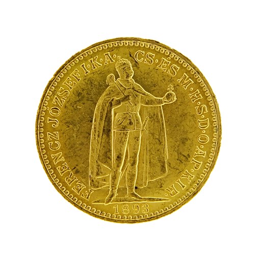 Mince - Rakousko Uhersko zlatá 20 Koruna 1893 K.B. uherská. Zlato 900/1000, hrubá hmotnost mince 6,78g