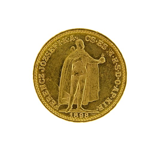 Mince - Rakousko Uhersko zlatá 20 Koruna 1898 uherská. Zlato 900/1000, hrubá hmotnost mince 6,78g