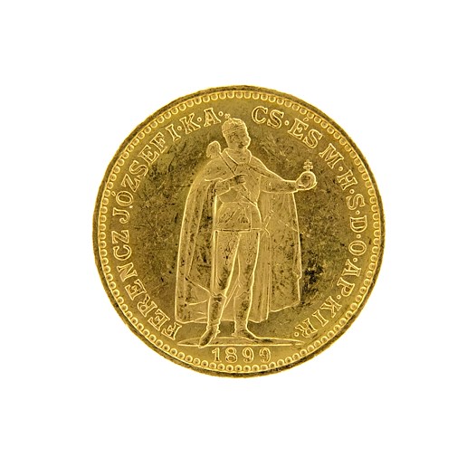 Mince - Rakousko Uhersko zlatá 20 Koruna 1899 uherská.  Zlato 900/1000, hrubá hmotnost mince 6,78g