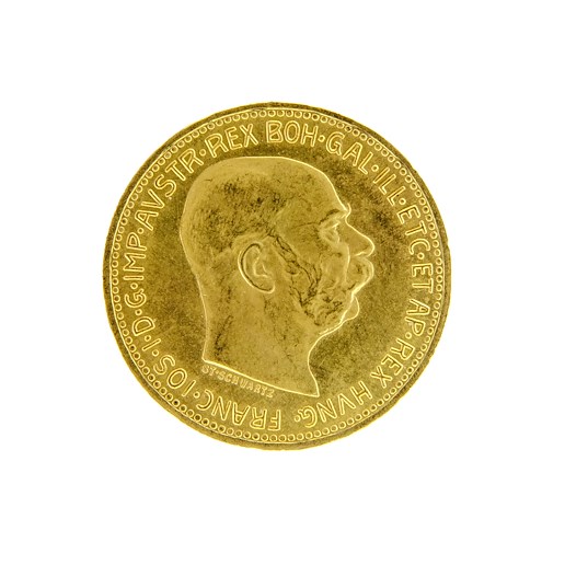 Mince - Rakousko Uhersko zlatá 100 Koruna  1915 pokračující ražba. Zlato 900/1000, hrubá hmotnost mince 33,875g