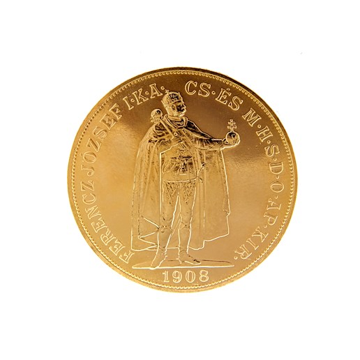Mince - Rakousko Uhersko zlatá 100 Koruna  1908 K.B. pokračující ražba z červeného zlata. Zlato 900/1000, hrubá hmotnost mince 33,875g