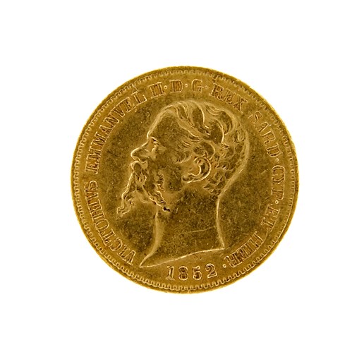 Mince -  Itálie Sardinia Zlatá 20 Lira   1852 P  král Victor Emanuel II. Zlato 900/1000, hmotnost hrubá 6,45g.