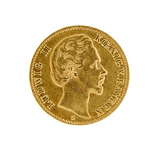 Mince - Zlatá 10 Marka 1880 D císař LUDWIG II. Bavorsko. Zlato 900/1000, hmotnost hrubá 3,982 g.