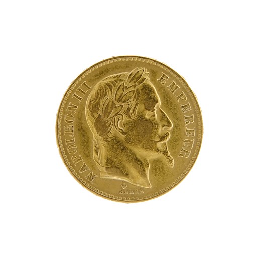 Mince - Francie zlatý 20 frank NAPOLEON III. 1866 BB.  Zlato 900/1000, hrubá hmotnost 6,45g.