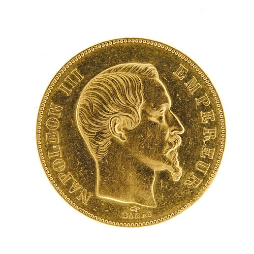 Mince - Francie zlatý 50 frank NAPOLEON III. 1857 A. Zlato 900/1000, hrubá hmotnost 16,129g.