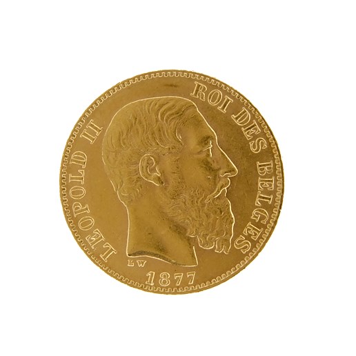 Mince - Belgie zlatý 20 frank Leopold II. 1877.  Zlato 900/1000, hrubá hmotnost 6,45g.