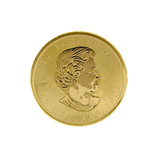 Mince - Zlatá  1Uncová mince 50 CAD JAVOROVÝ LIST Kanada  2021. Zlato 999,9/1000, hmotnost hrubá 31,15g.
