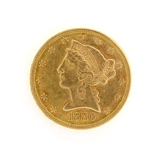 Mince - Zlatá mince USA    5 Dollar S Half Eagle-Hlava Svobody s čelenkou 1886 San Francisco.  Zlato 900/1000, hrubá hmotnost 8,359g.