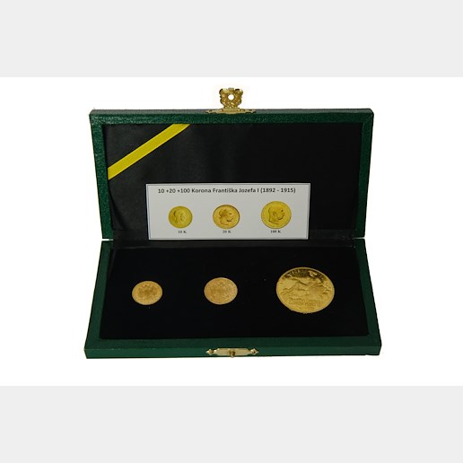 Mince - SET 3 výročních mincí roku 1908 Rakousko Uhersko zlatá 100 Koruna Panna, 20 koruna a 10 koruna Krásné žádané. Zlato 900/1000, hrubá hmotnost 33,875g.